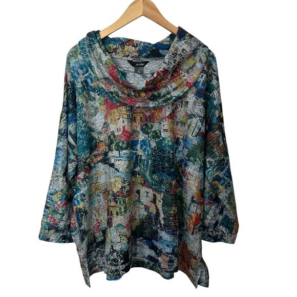 Ali Miles Brushed‎ Knit Cowl Neck Tunic Top Abstract Village Print Womens 2X Art - Picture 1 of 6